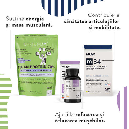 Performance Elite, pachet promotional (Vegan Protein 70% cookie + m34 JOINTS COLLAGEN PRO Strawberry Lime + m35 Complete Magnesium)